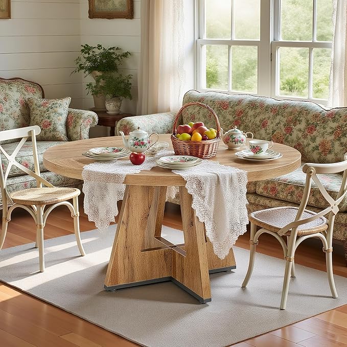47" Round Dining Table for 4-6, Modern Dinner Table Farmhouse Round Small Kitchen Tables with Wooden Cross Base for Dining Room, Kitchen, Living Room, Retro Brown