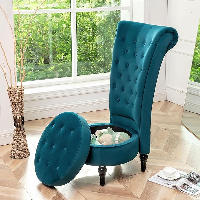 Container Furniture Royal High-Back Velvet Accent Chair for Vanity with Storage and Luxurious Upholstery, Retro Design and Versatile Usage for Livingroom, Bedroom, Lounge and Office, Greenish Blue