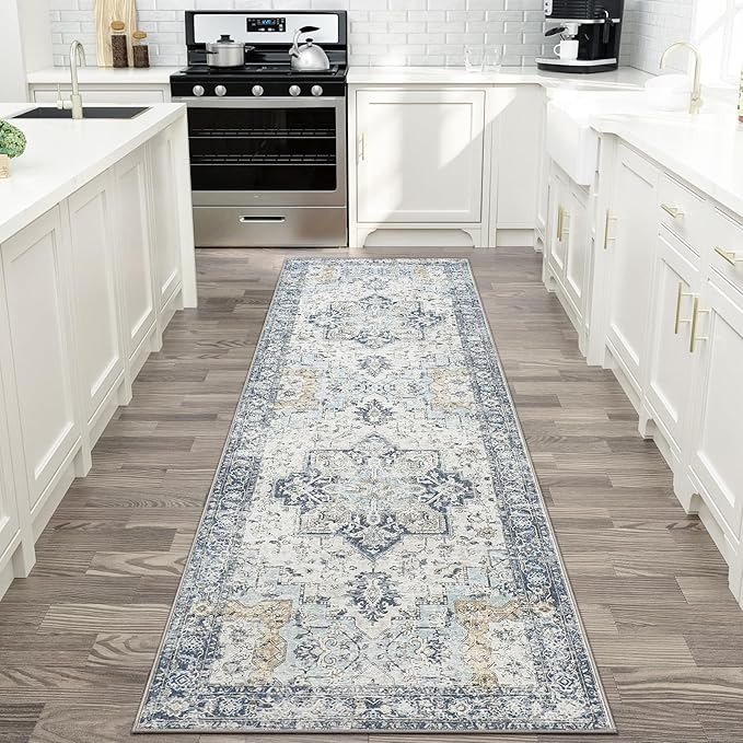 GENIMO Runner Rug 2x10, Machine Washable Vintage Runner Carpet, Non Slip Hallway Rug, Low Pile Lightweight Rugs for Entryway, Hallway, Kitchen and Corridor, Blue