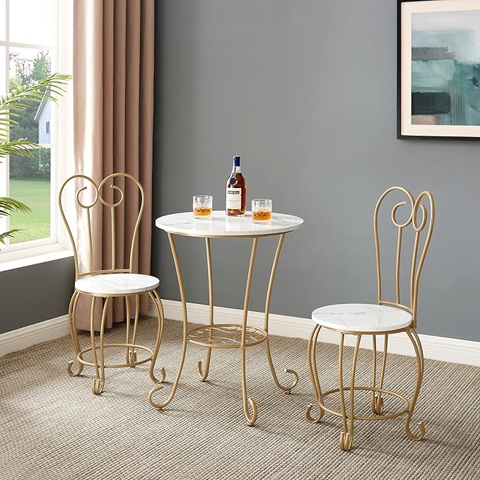 JOIN IRON 2-Piece Bistro Dining Set for Indoor Use, Marble-Look Tabletop with Gold Metal Frame, Vintage French Café Style Round Table and Chairs for Kitchen, Breakfast Nook, Small Apartment (Gold)