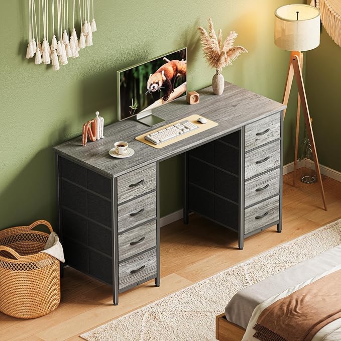 Huuger 47 Inch Computer Desk with 8 Fabric Drawers, Office Desk Work Desk for Home Office, Study, Gaming Desk with Drawers, Large Storage, Grey