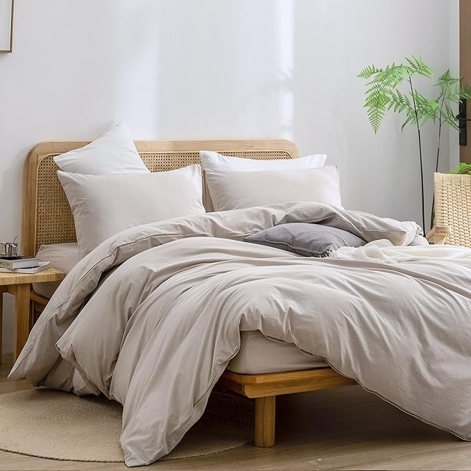BESTOUCH Duvet Cover Set 100% Washed Cotton Linen Feel Super Soft Comfortable Chic Lightweight 2 PCs Home Bedding Set Solid Linen Grey Twin/Twin XL
