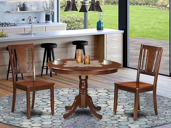 East West Furniture HLDU3-MAH-W 3 Piece Dining Set Contains a Round Dining Room Table with Pedestal and 2 Kitchen Chairs, 42x42 Inch, Mahogany