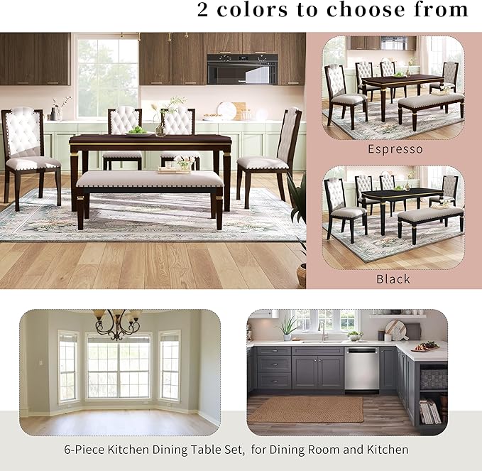 Ball & Cast Dining Table Set for 6,Kitchen Table W/ 4 High-Back Tufted Chairs & 1 Bench,5 Piece Dining Room Table Set W/ 60" Rectangular Table,for Kitchen, Living Room,Espresso