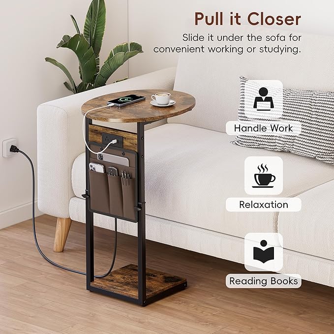 Vagusicc C Shaped End Table with Charging Station, Adjustable Height Side Table for Couch, 32" Tall End Table Small Couch Side Table, Slide Under Sofa TV Tray Snack Arm Tables for Living Room, Brown