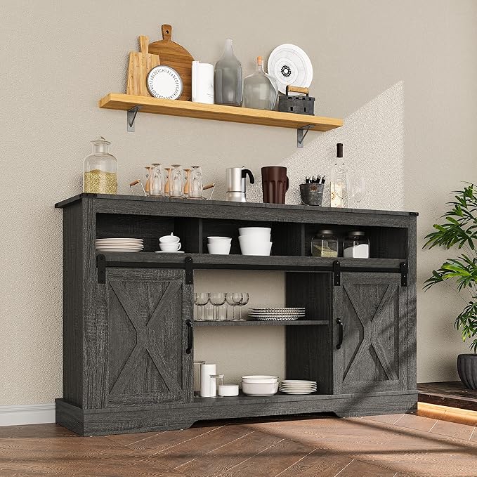 RoyalCraft Farmhouse TV Stand for 23" Fireplace, 34'' Tall Entertainment Center for 65+ Inch TV, 34" Tall Rustic TV Console with Sliding Bar Door for Living Room, Dark Grey