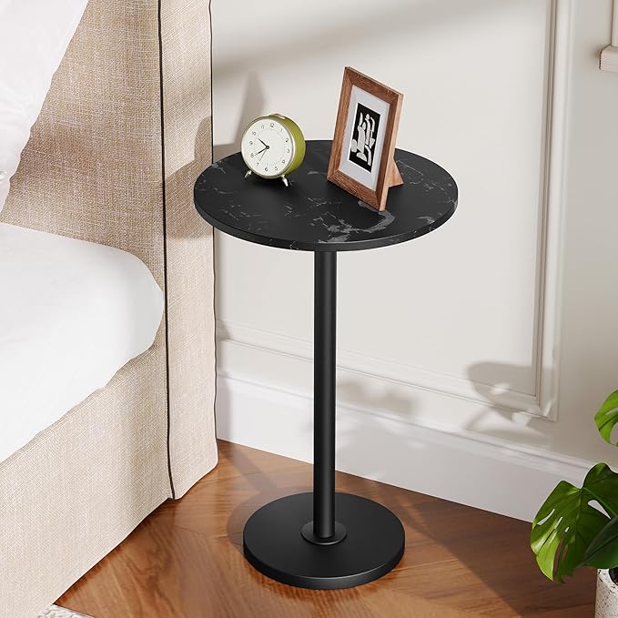 Round Side Table, Tall Drink End Table for Small Spaces, Pedestal Style Martini Side Table in Living Room, Bedroom, Dormitory, Marble Black and Black ET30BM