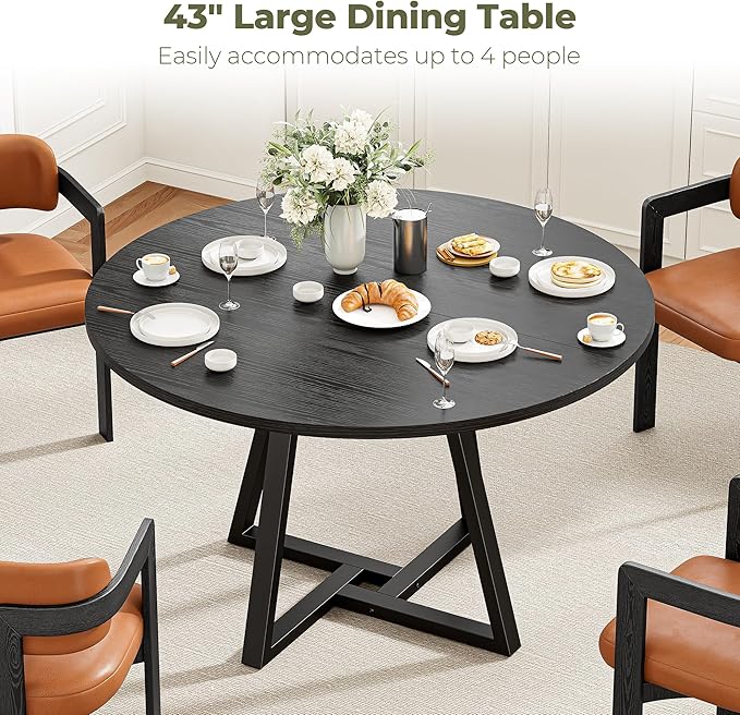 IRONCK 43" Round Dining Table for 4, Wood Kitchen Table with Metal Base, Space Saving Industrial Circle Dinner Table for Kitchen Dining Room, Black