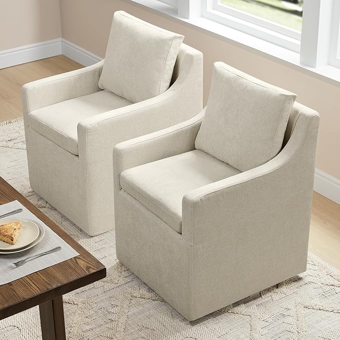 Upholstered Dining Chairs with Casters Washable Cover Side Deskchair with Rollers for Diningroom, Living Room, Cream Beige, 4 Box