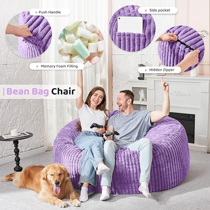 HABUTWAY 5FT Bean Bag Chair, 5' Large Bean Bag Chairs for Adults with Removable Stripe Plush Cover, Memory Foam Beanbag Chair for Living Room Bedroom Dorm (Purple)