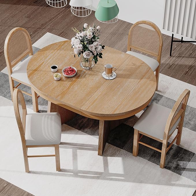 Ball & Cast Retro Dining Table Set for 4 with 4 Upholstered Chairs,5-Piece Wooden Living Room Furniture W/ 58" Round Extendable Kitchen Desk,for Small Space,Apartment,Dining Room,Natural Wood Wash