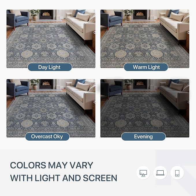 8X10 Area Rugs Machine Washable Rugs for Living Room, Vintage Boho Large Rugs for Bedroom Dining Room, Non Slip Indoor Soft Distressed Lightweight Thin Low Pile Carpet, Slate Blue