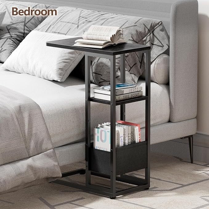 C Shaped End Table, Small Side Table for Couch, Recliner, Slide Under Sofa Tray Desk Snack Tables with Storage Bag for Living Room,Bedroom, Small Spaces - Black