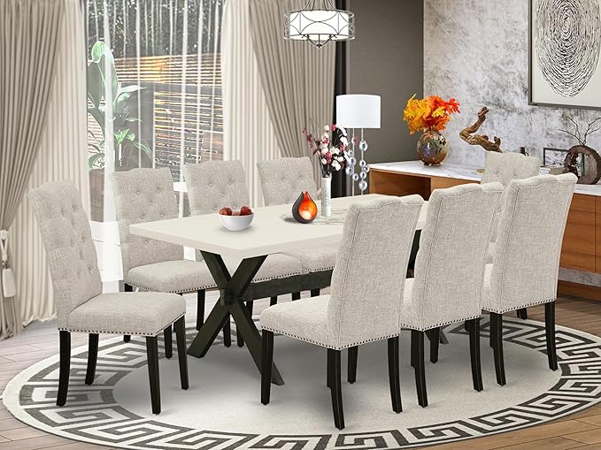 East West Furniture X627EL635-9 9 Piece Dining Room Table Set Includes a Rectangle Dining Table with X-Legs and 8 Doeskin Linen Fabric Upholstered Parson Chairs, 40x72 Inch, Multi-Color