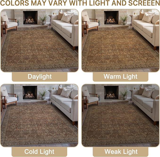 10X14 Area Rugs Machine Washable Rugs for Living Room, Vintage Boho Large Rugs for Bedroom Dining Room, Non Slip Indoor Soft Distressed Lightweight Thin Low Pile Carpet, Rustic Brown