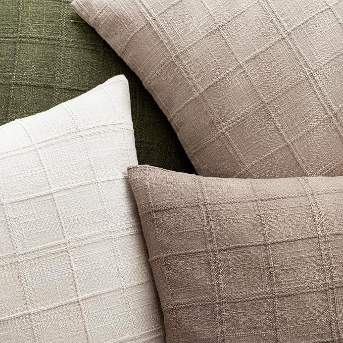 Foindtower Set of 2 Decorative Linen Check Throw Pillow Covers Neutral Farmhouse Lumbar Cushion Covers Modern Boho Home Decor for Sofa Chair Couch Bedroom Living Room Outdoor,12×20 Inch,Tan Taupe