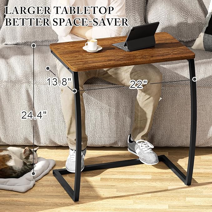 SRIWATANA Side Table, End Table, Vintage C-Shaped Couch Table for Sofa Laptop Coffee Snack, Walnut