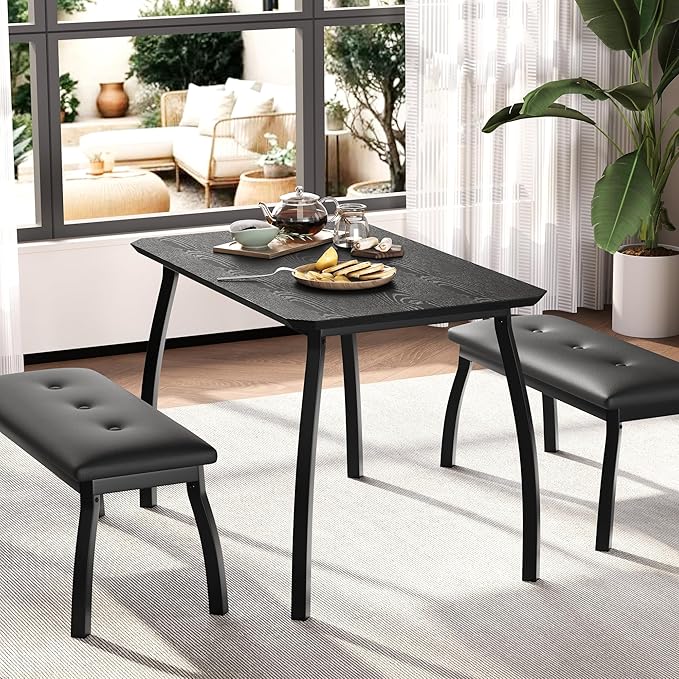 3 Piece Farmhouse Dining Table Set for 4, Compact Rustic Kitchen Table with 2 Padded Benches, Space Saving Breakfast Nook Furniture Set for Small Spaces, Apartments, Black
