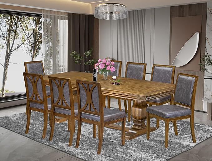 NKAM9-AWA-34 9-Piece Dining Table Set Includes a Kitchen Table and 8 Dark Grey Polyester Fabric Dinner Chairs with High Back - Antique Walnut Finish