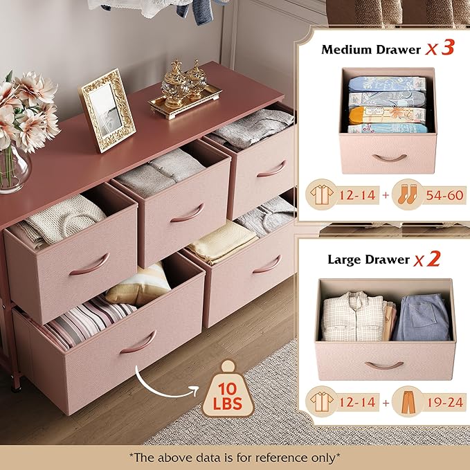 WLIVE Dresser for Bedroom with 5 Drawers, Wide Chest of Drawers, Fabric Dresser, Storage Organization Unit with Fabric Bins for Closet, Living Room, Hallway, Pink and Rose Gold