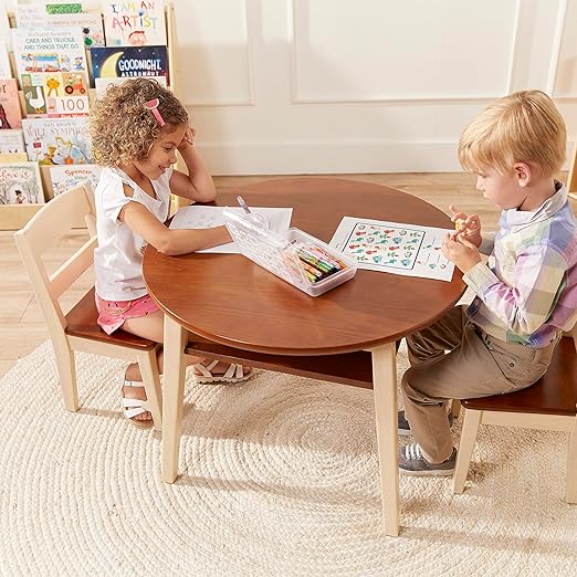 ECR4Kids Hideaway Table and Chair Set, Kids Furniture, Dark Walnut/Antique White, 3-Piece