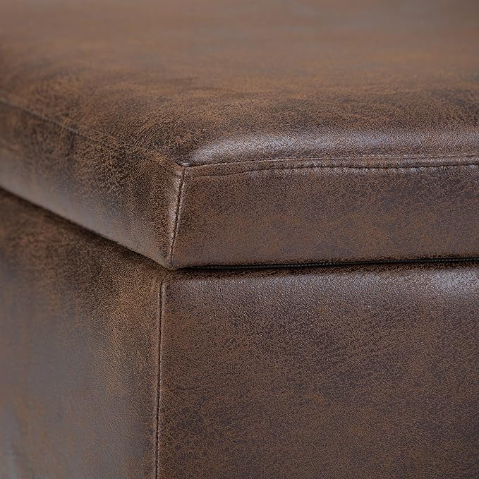 SIMPLIHOME Owen 34 inch Wide Mid Century Modern Rectangle Coffee Table Storage Ottoman in Distressed Chestnut Brown Vegan Faux Leather, Assembled, For the Living Room, Entryway and Family Room
