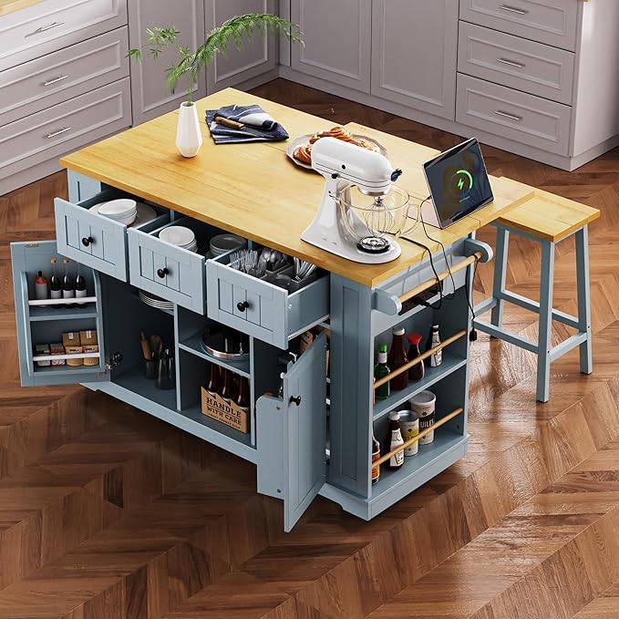 YOTPO 53" Large Kitchen Island with Drop Leaf,Power Outlet & Door Internal Storage Rack,Rolling Kitchen Cart on 5 Wheels W/ 5 Open Side Racks for Kitchen,Dining Room,Grey Blue(Not Include bar stools)