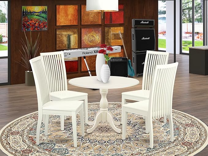 East West Furniture DMIP5-LWH-W 5 Piece Dining Room Furniture Set Includes a Round Kitchen Table with Dropleaf and 4 Dining Chairs, 42x42 Inch, Linen White
