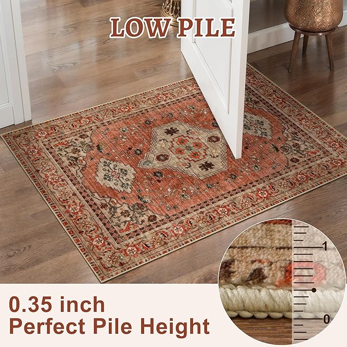 Boho Small Area Rug, 2x3 Washable Rug for Entryway, Vintage Throw Rug Oriental Non Slip Indoor Front Door, Distressed Terracotta Door Mat Carpet, Soft Low Pile Rugs for Entrance Kitchen Bedroom
