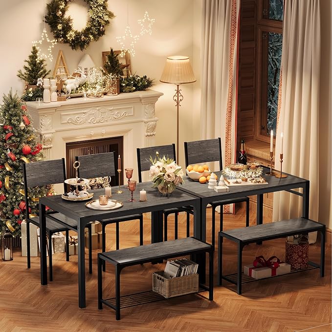 Shahoo Kitchen Table and 2 Chairs for 4 with Bench, 4 Piece Dining Sets for Small Space, Grey Wash