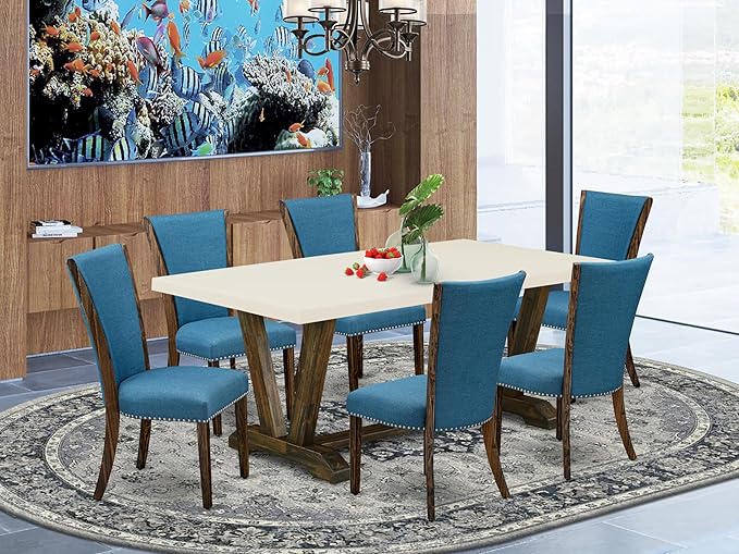 East West Furniture V727VE721-7 7 Piece Dining Room Table Set Consist of a Rectangle Kitchen Table with V-Legs and 6 Blue Color Linen Fabric Parson Dining Chairs, 40x72 Inch, Multi-Color