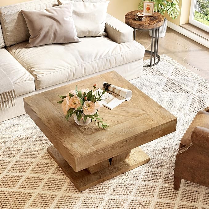 LITTLE TREE Square Coffee Table, Modern Rustic Coffee Table for Living Room, Wooden Table with Adjustable Feet, Oak