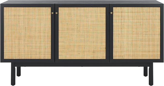SAFAVIEH Aino TV Stand for up to 60" Flatscreen – Black with Rattan Mesh, 3 Doors with Interior Storage, Sideboard Cabinet, Entertainment Media Console (MED9618B)