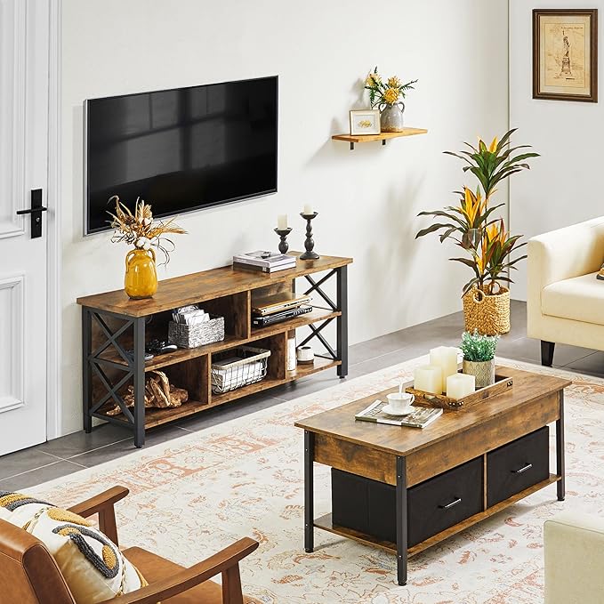Yaheetech TV Stand for Living Room, Industrial Entertainment Center for 65 Inch TV, Rustic TV Console Stand with Storage Cabinets Wood and Metal, Rustic Brown