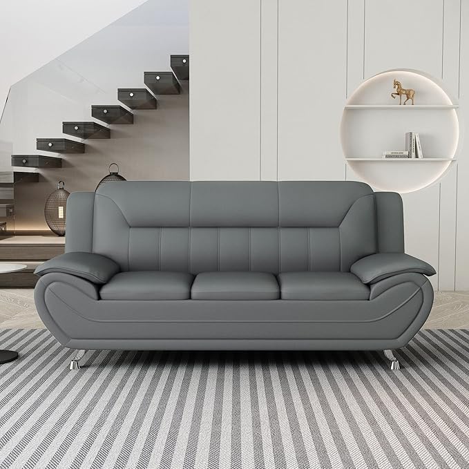 Container Furniture Direct Michael Modern Faux Leather Upholstered Stainless Steel Legs Living Room Sofa, Sleek Gray