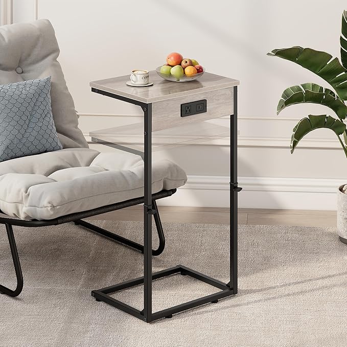 Vagusicc C Shaped End Table with Charging Station, Adjustable Height Side Table for Couch,Small Side Table Small Spaces,33.2'' Tall Couch Tables that Slide Under, Tv Tray Table for Living Room, Greige