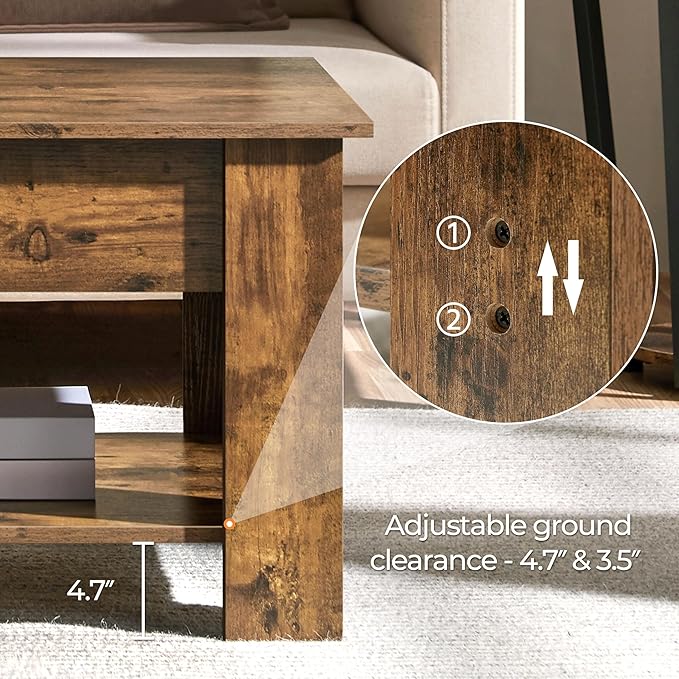 Yaheetech Coffee Table, 47.5in Lift top Coffee Table with Hidden Compartment and Storage Shelf, Lift Tabletop Dining Table for Living Room Reception Room, Rustic Brown