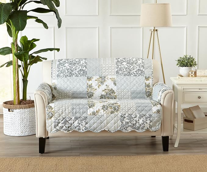 Patchwork Scalloped Printed Furniture Protector Stain Resistant Loveseat Cover (Loveseat, Grey)