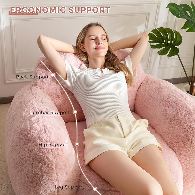 MAXYOYO Bean Bag Chair, Comfy Pebble Shaped Single Bean Bag Sofa for Adults, Stuffed Floor Sofa with Supportive Backrest & Armrests, Modern Faux Fur Accent Chair for Living Room & Bedroom, Pink