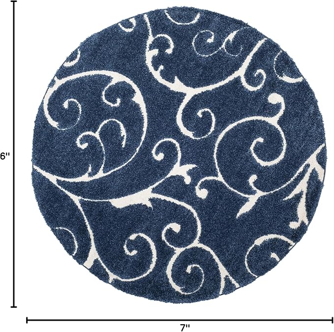 SAFAVIEH Florida Shag Collection Area Rug - 6'7" Round, Dark Blue & Cream, Scroll Design, Non-Shedding & Easy Care, 1.2-inch Thick Ideal for High Traffic Areas in Living Room, Bedroom (SG455-6511)
