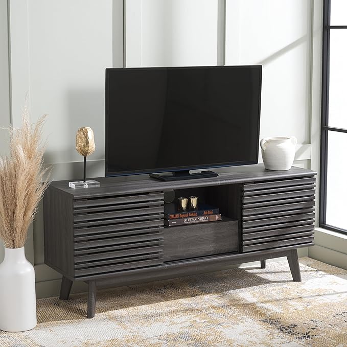 SAFAVIEH ESMA TV Stand for up to 60" Flatscreen – Distressed Black, Low Sideboard with 2 Sliding Doors, 1 Open Shelf, 1 Drawer, Entertainment Media Console (MED9638E)