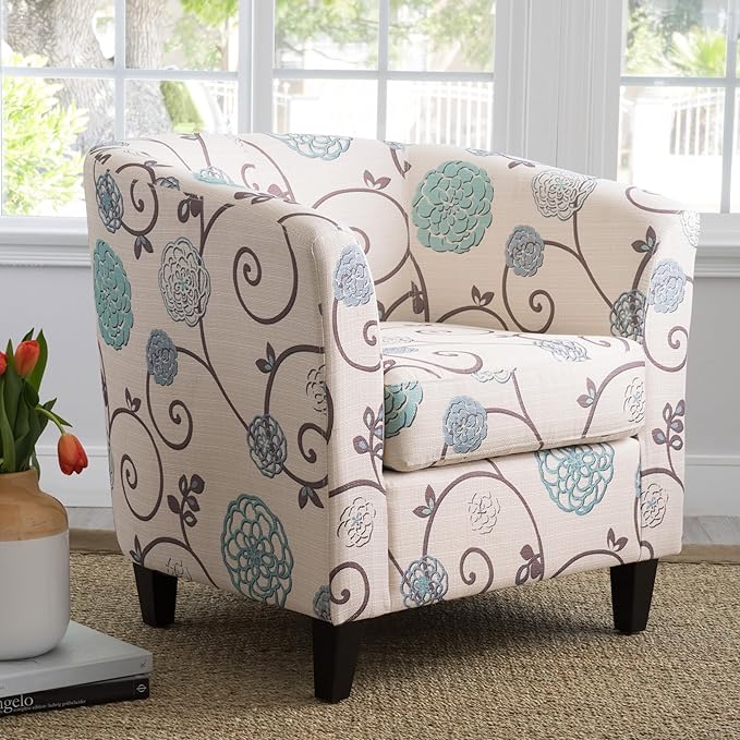 Ball & Cast Upholstered Arm Chair,Classic American Style Flower Design Fabric Dining Chair,Comfy Farmhouse Accent Chair with Padded Seat and Backrest for Living Room Kitchen,White+Blue