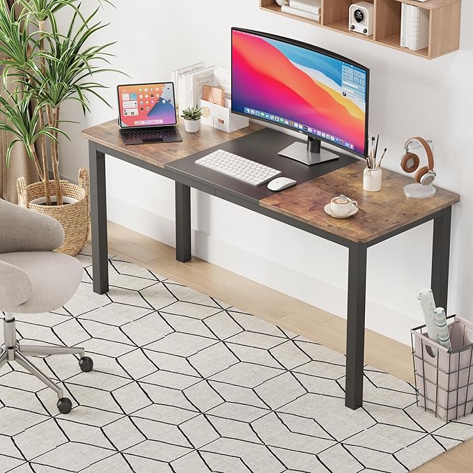GarveeHome 63 Inch Computer Desk, Modern Office Desk with Metal Frame, Large Gaming Desk, Sturdy Writing Workstation for Study, Home, Office, 23.6" D x 63" W, Black and Brown