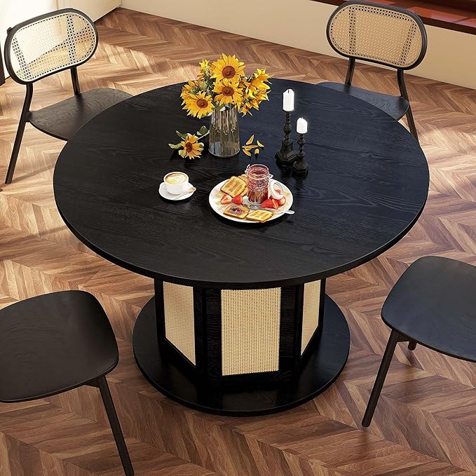 DWVO Round Dining Table for 4-6 People 47 Inch Farmhouse Kitchen Table with Rattan Circular Base Wooden Dinner Table for Dining Room Family Gathering, Black