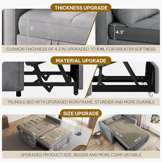 DWVO 55" Convertible Sofa Bed, 3-in-1 Sleeper Sofa with Pull-Out Couch, Velvet Futon Couch with Adjustable Backrest and USB, Modern Loveseat for Living Room Apartment, Light Grey