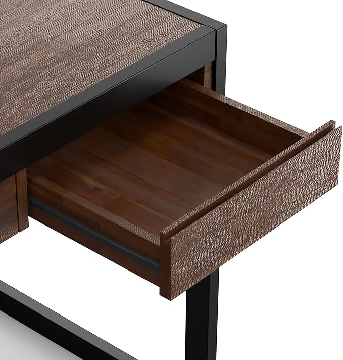 SIMPLIHOME Erina Desk - 60-Inch Wide Solid Acacia Wood and Metal Writing Desk in Distressed Charcoal Brown, Modern Industrial Home Office Computer Table for Study with 2 Drawers and Keyboard Tray