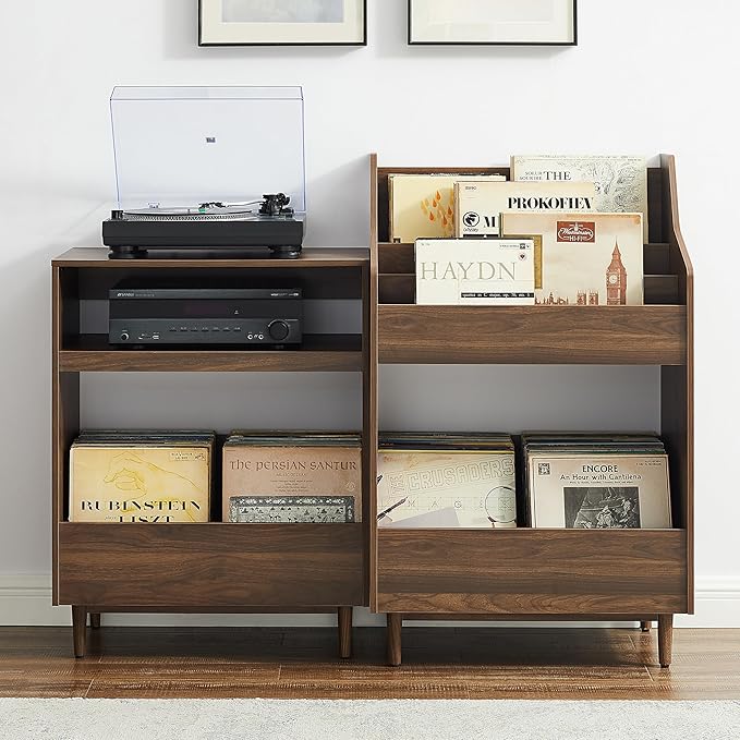 Crosley Furniture Liam 2-Piece Turntable Record Player Stand and Vinyl Storage, Mid Century Modern, Walnut