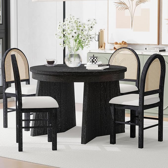 Ball & Cast Retro 5 Pieces Dining Table Set with 4 Upholstered Chairs,Kitchen Table and Chairs for 4 W/ 58" Round Extendable Kitchen Desk,for Small Space,Apartment,Dining Room,Espresso