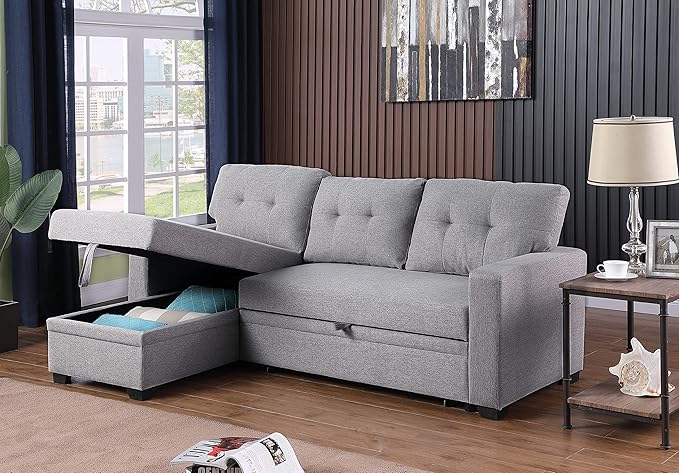 Devion Furniture Maison 4-in-1 Convertible L Shaped Couch with Pull Out Bed and Storage, Sectional Sleeper Sofa with Reversible Chaise for Living Room, Apartment, Bedroom, Office