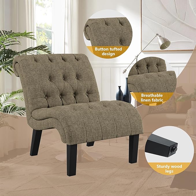Yongqiang Accent Chair for Bedroom Living Room Modern Button Tufted Upholstered Armless Corner Chair with Wood Legs